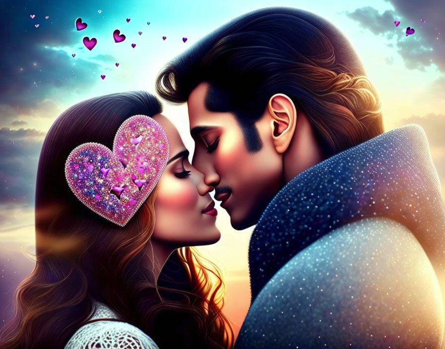 Romantic digital illustration of couple kissing in colorful sunset