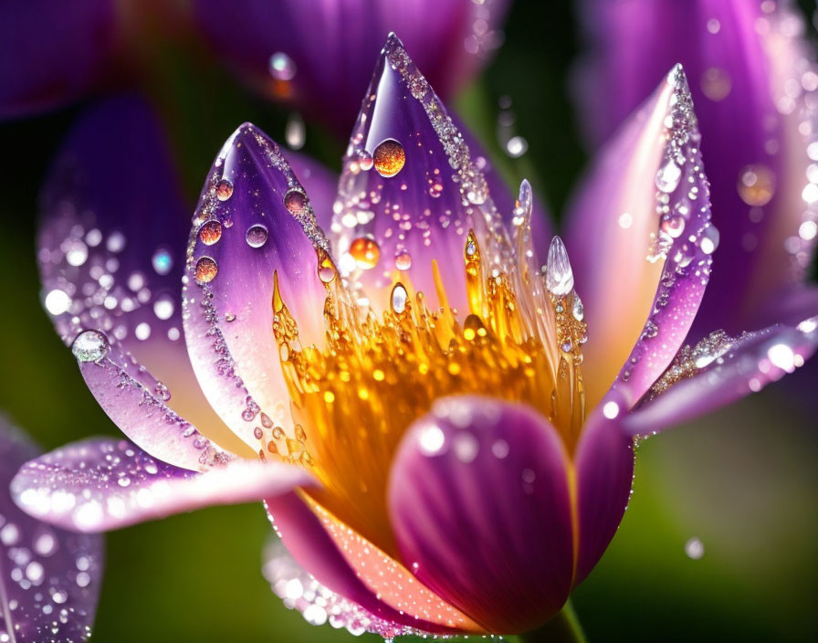 Vibrant purple lotus flower with water droplets on blurred green background