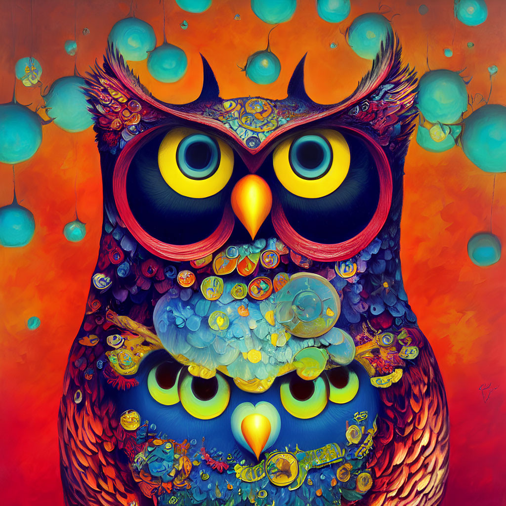 Vibrant owl painting with yellow eyes, red glasses, and blue bubbles