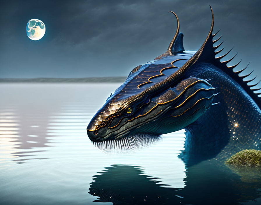 Majestic dragon emerging from water under moonlit sky