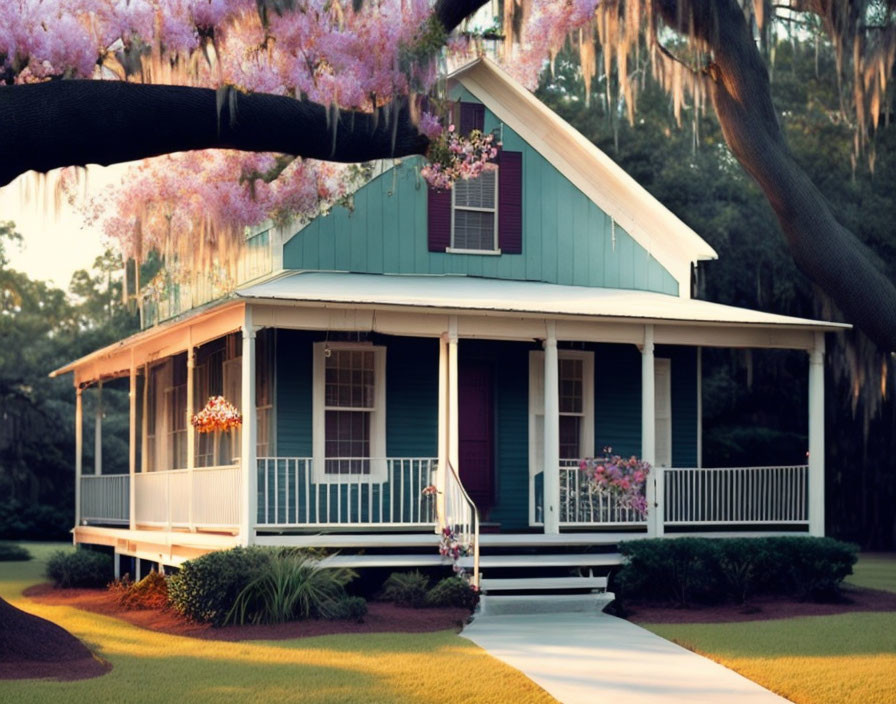 Blue House with Front Porch and Pink Flowers in Serene Setting