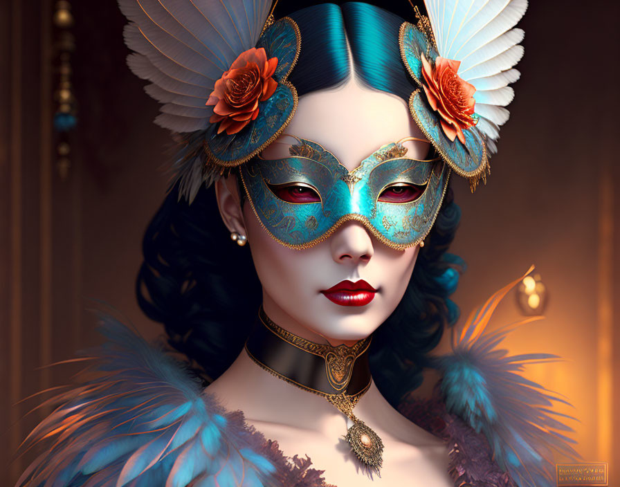 Blue-haired woman in ornate feather and rose mask against warm backdrop