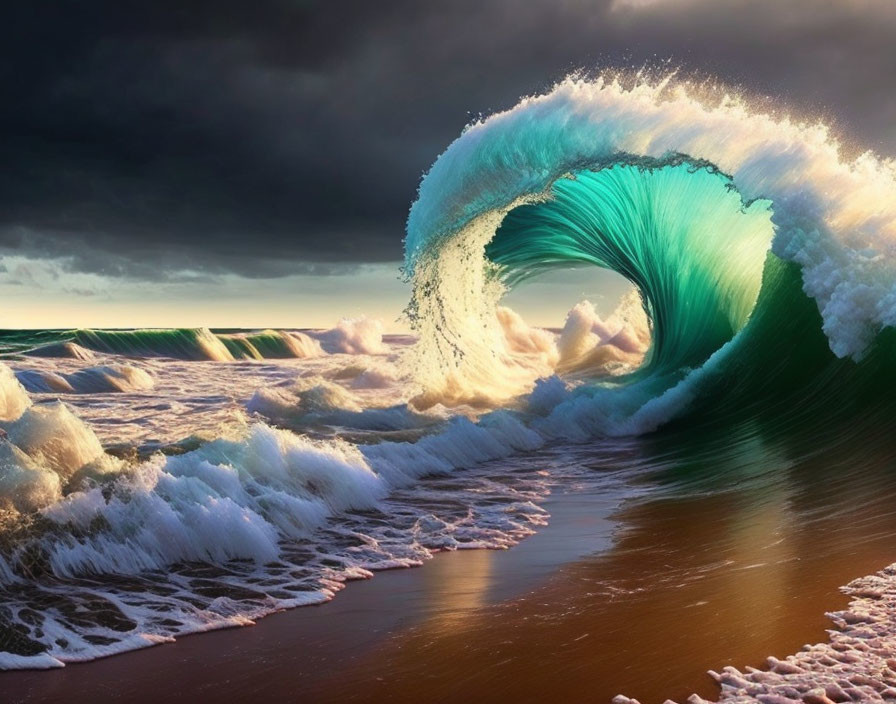 Majestic turquoise wave breaking with dramatic sky