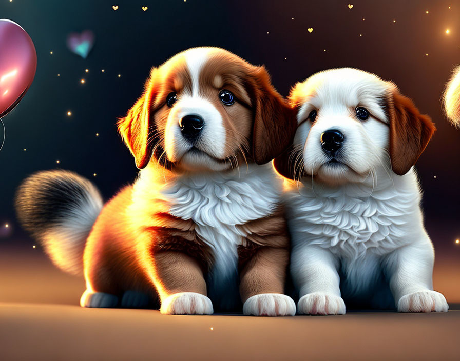 Two fluffy animated puppies in whimsical night scene