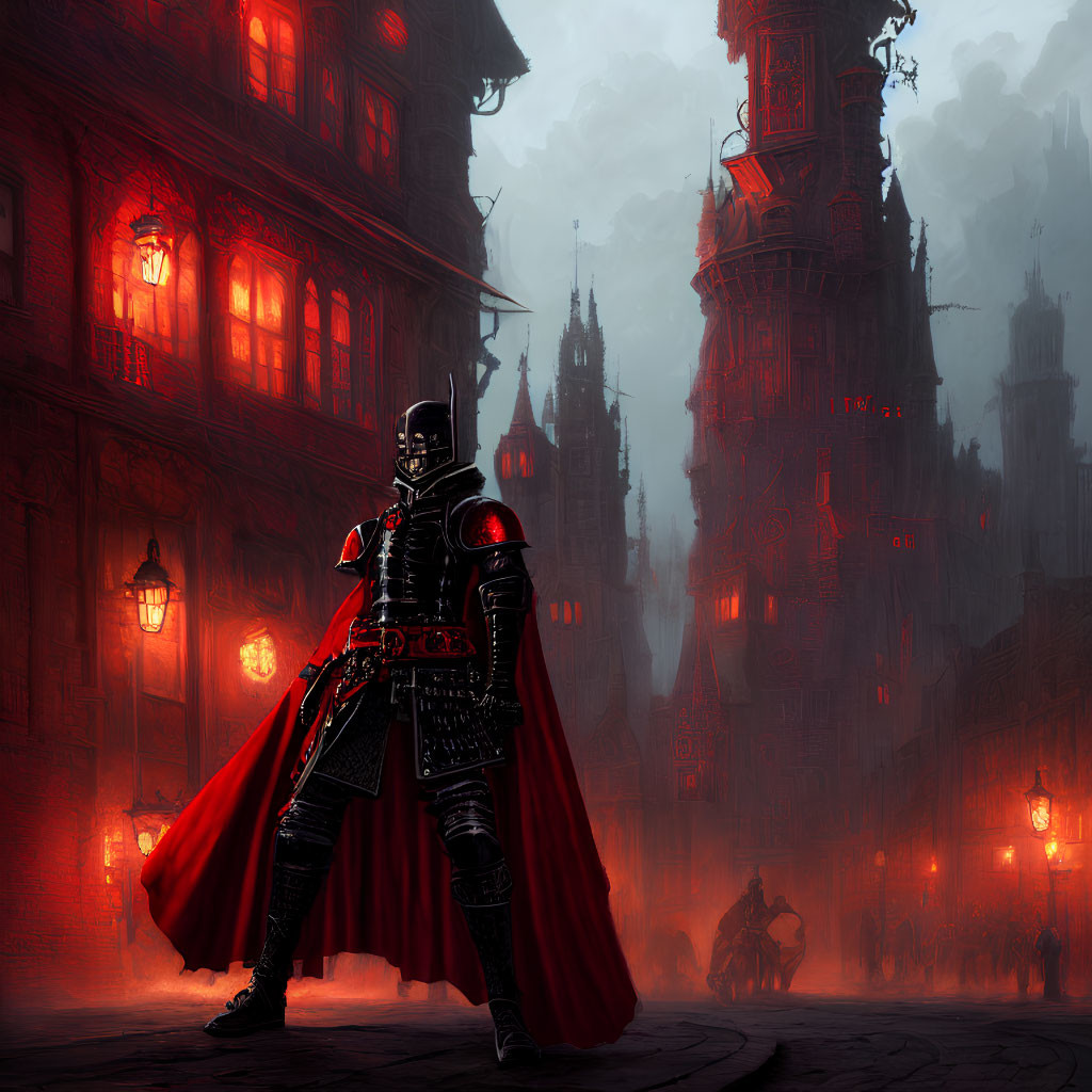 Knight in armor with red cape in misty gothic cityscape with silhouettes.