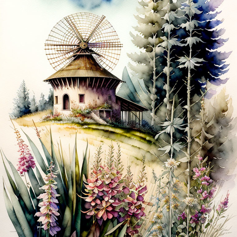 Traditional Windmill Painting Among Lush Trees and Flowers