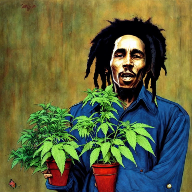 Man with dreadlocks holding cannabis plants on green and yellow background