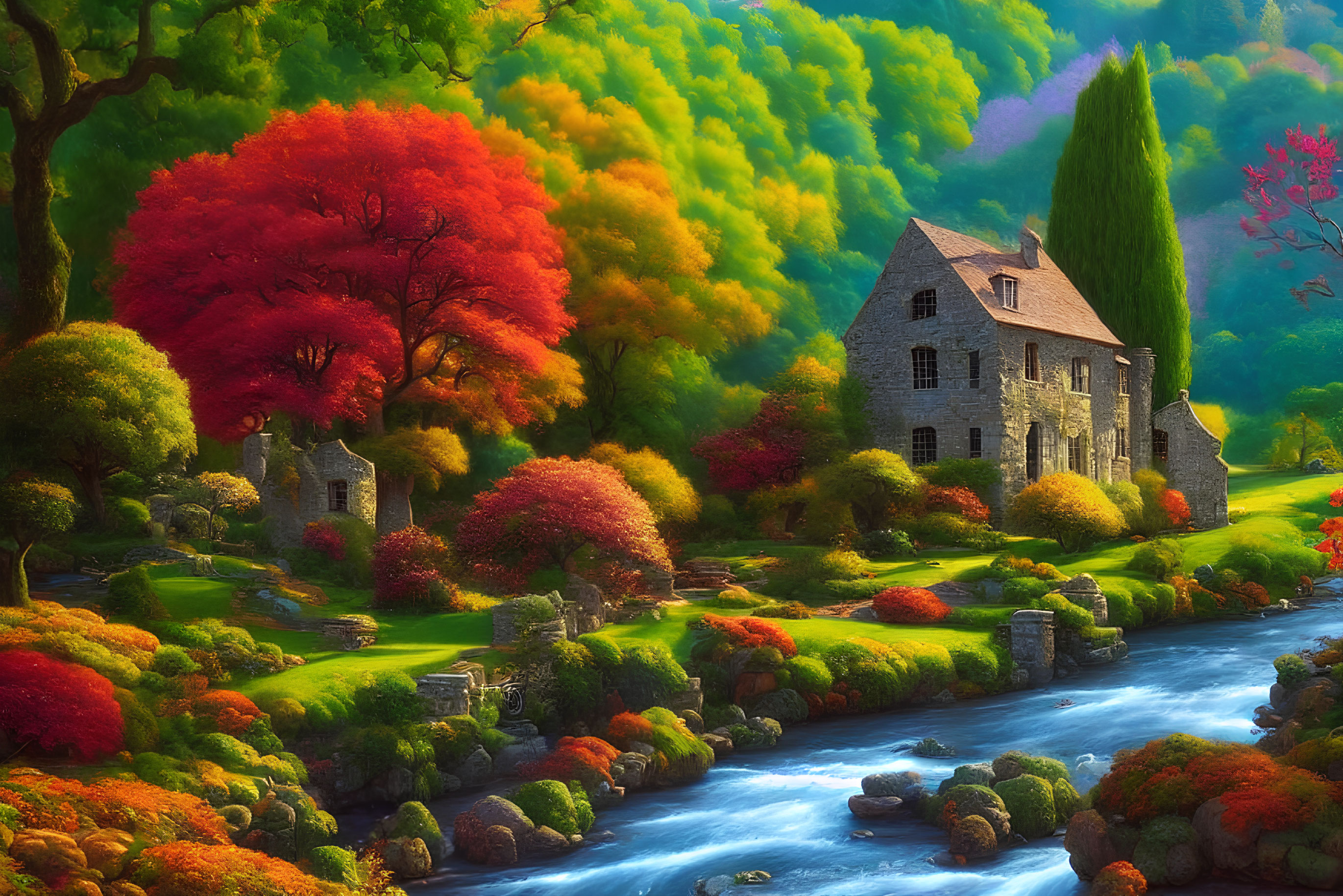 Stone cottage surrounded by autumn foliage and river, with wooded hills backdrop