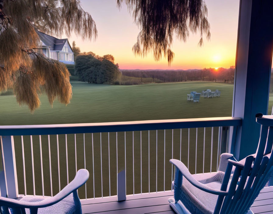 Tranquil Sunset View from Balcony Overlooking Lawn and House