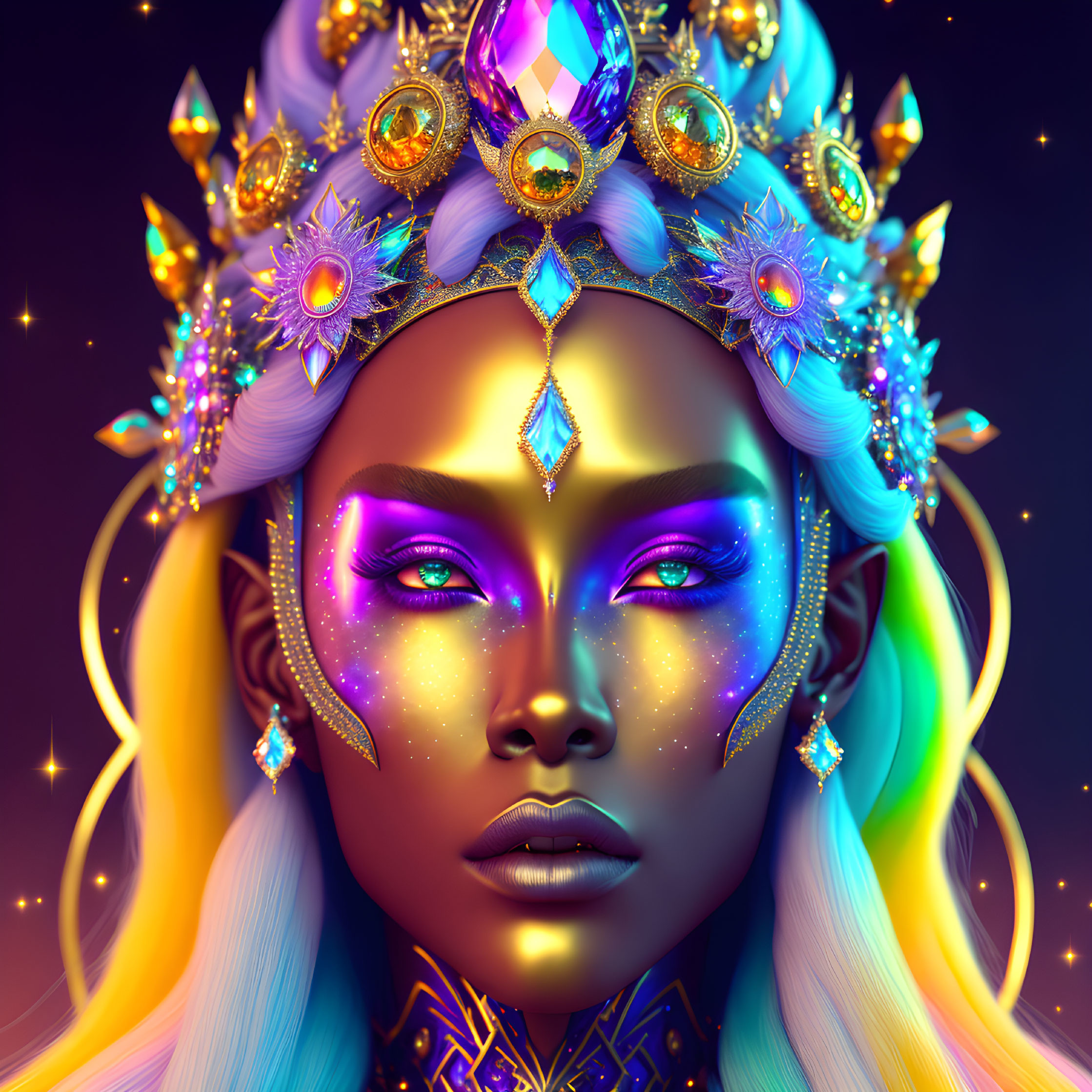 Digital portrait of a woman with luminous skin and golden crown.