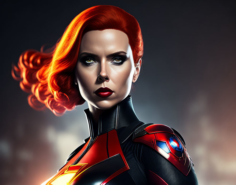 Vibrant red-haired woman in superhero suit with lightning bolt emblem.