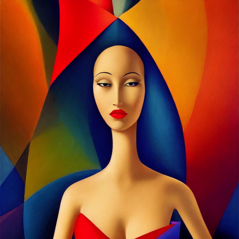 Surrealist portrait of a woman with stylized features on multicolored background