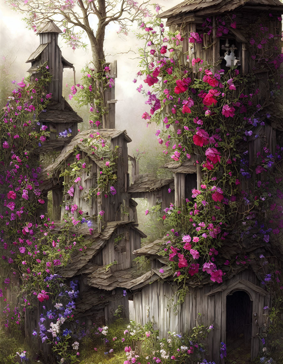 Dilapidated wooden treehouse in mystical forest with purple and pink flowers