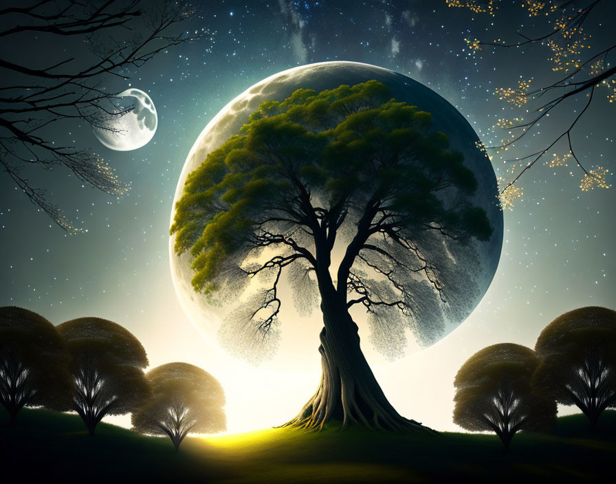 Majestic tree under night sky with moon and stars