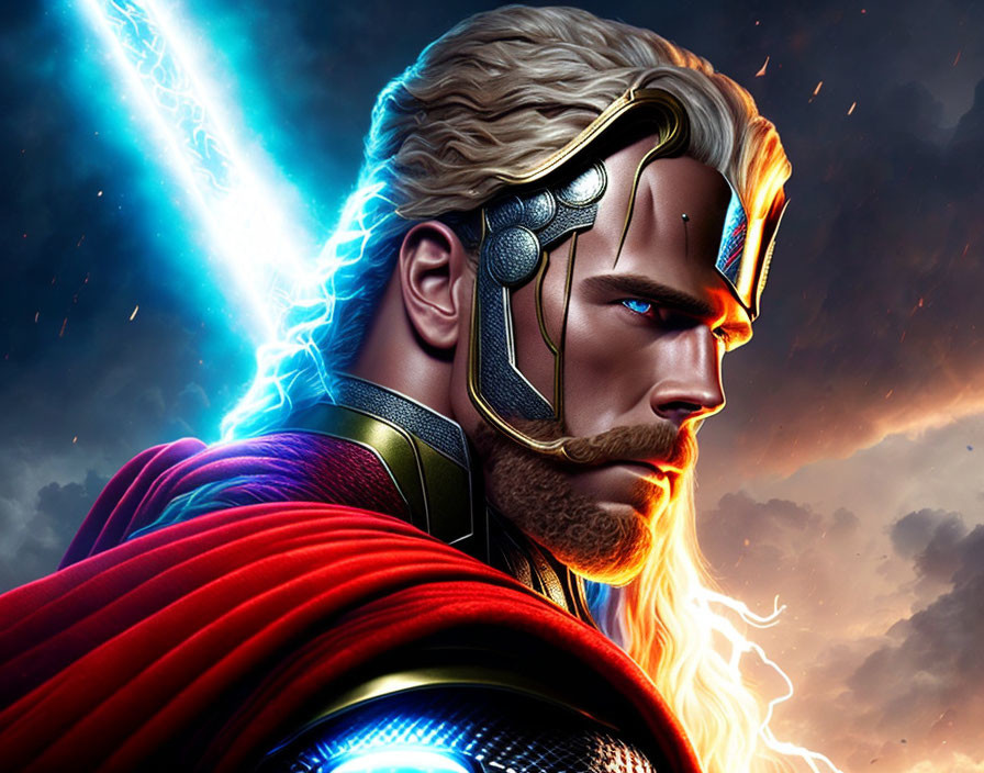 Blond superhero with red cape and lightning effects in cosmic setting