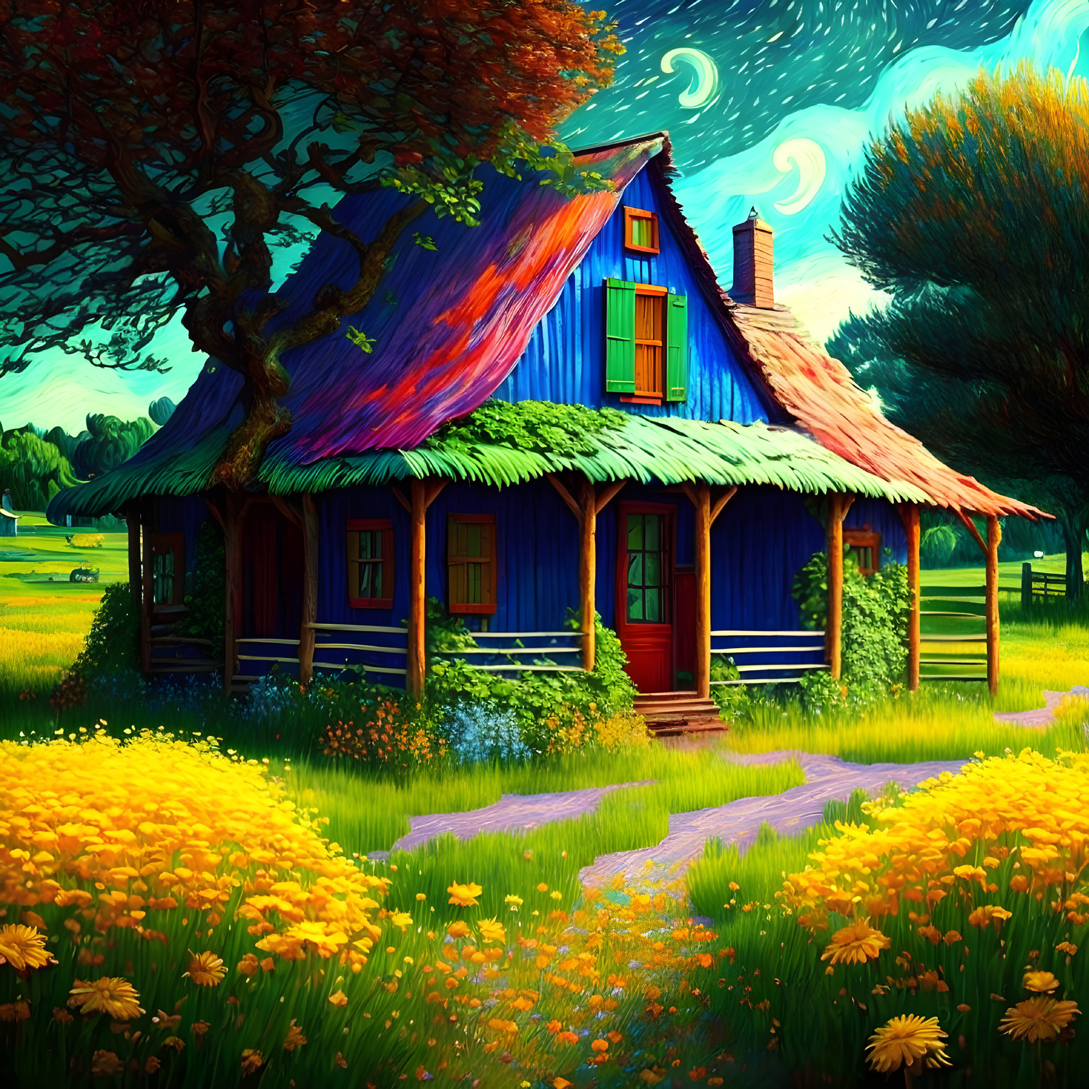 Colorful Cottage Illustration with Moonlit Sky and Flowers