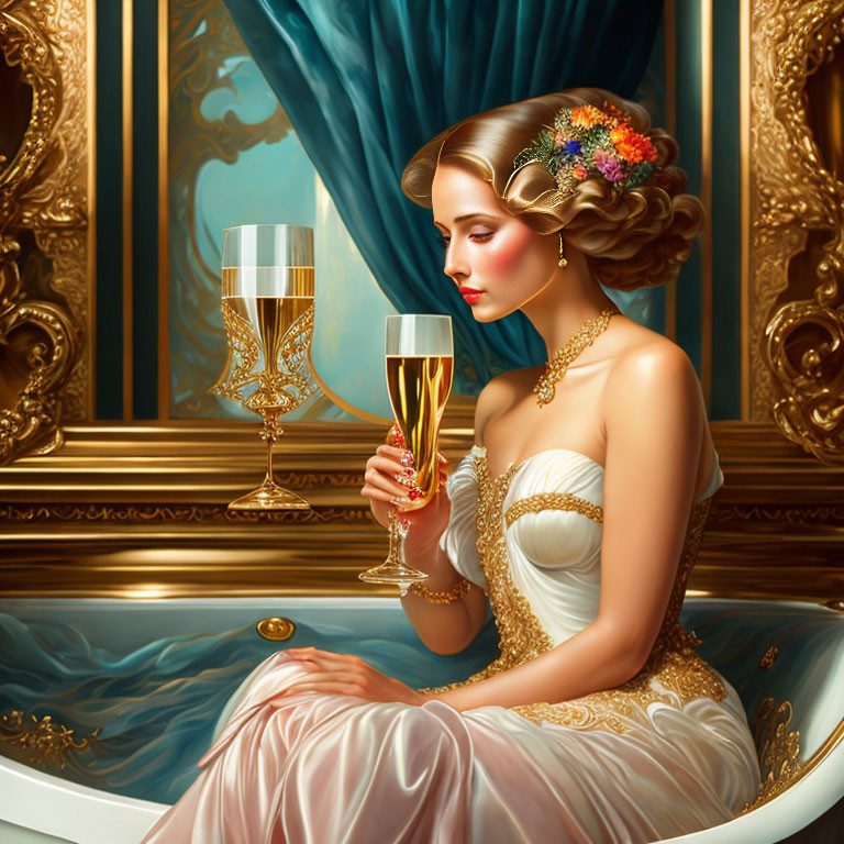 Vintage-style woman with champagne glass near luxurious bathtub