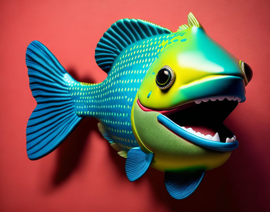 Cartoonish Design of Colorful Stylized Fish on Red Background