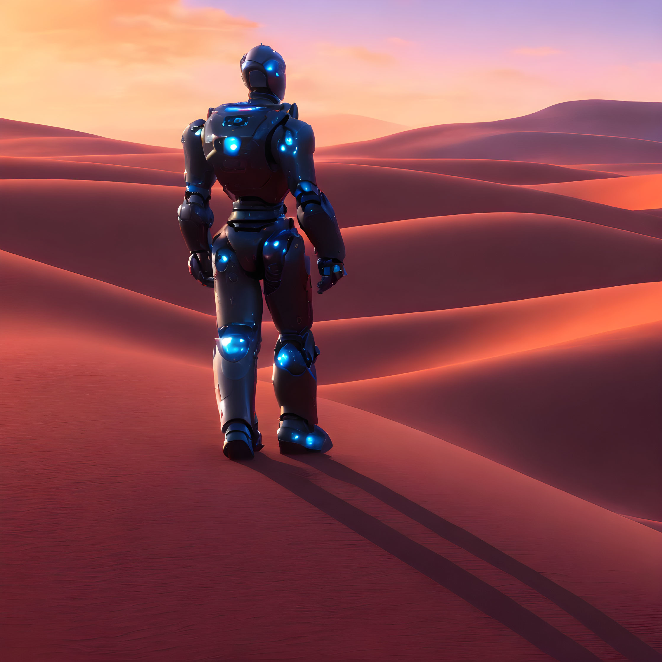 Futuristic robot with blue lights in barren desert landscape at twilight