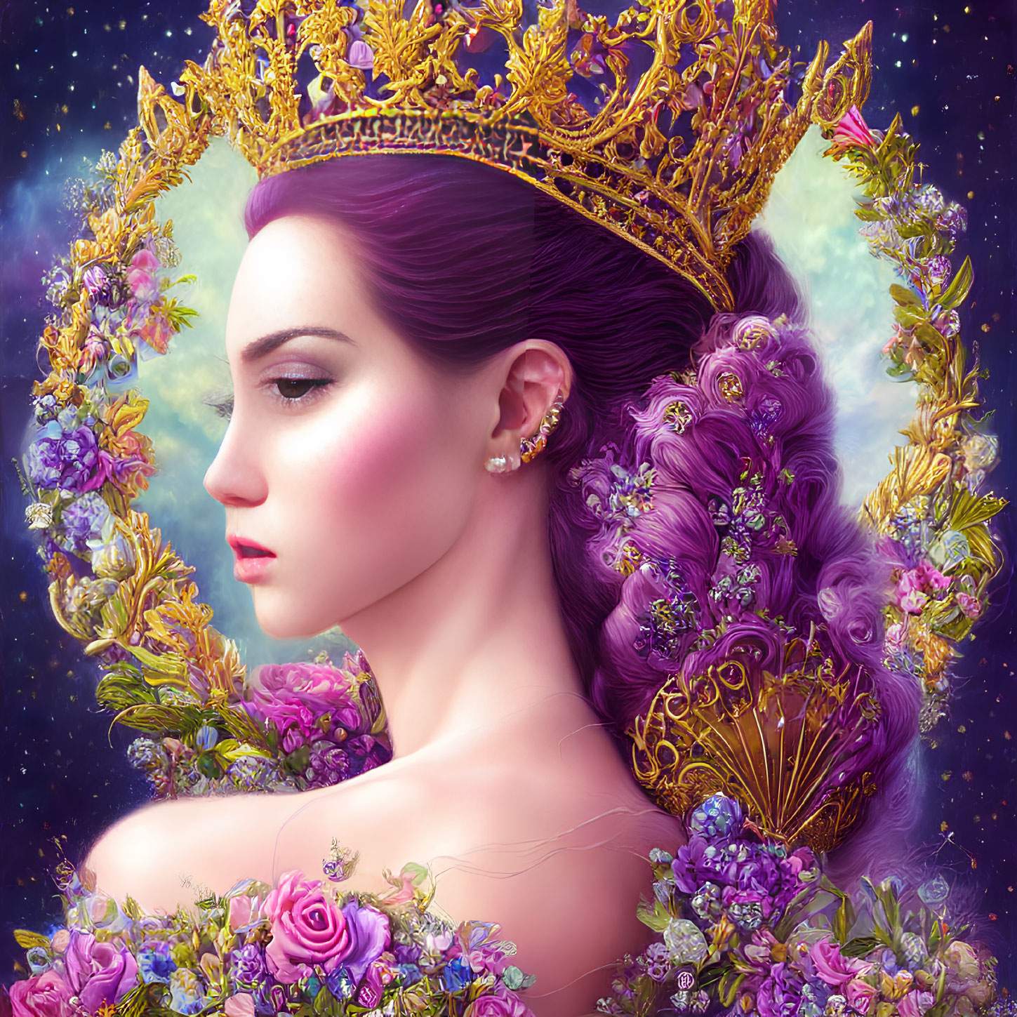 Purple-haired figure with golden crown and blooms on starry backdrop