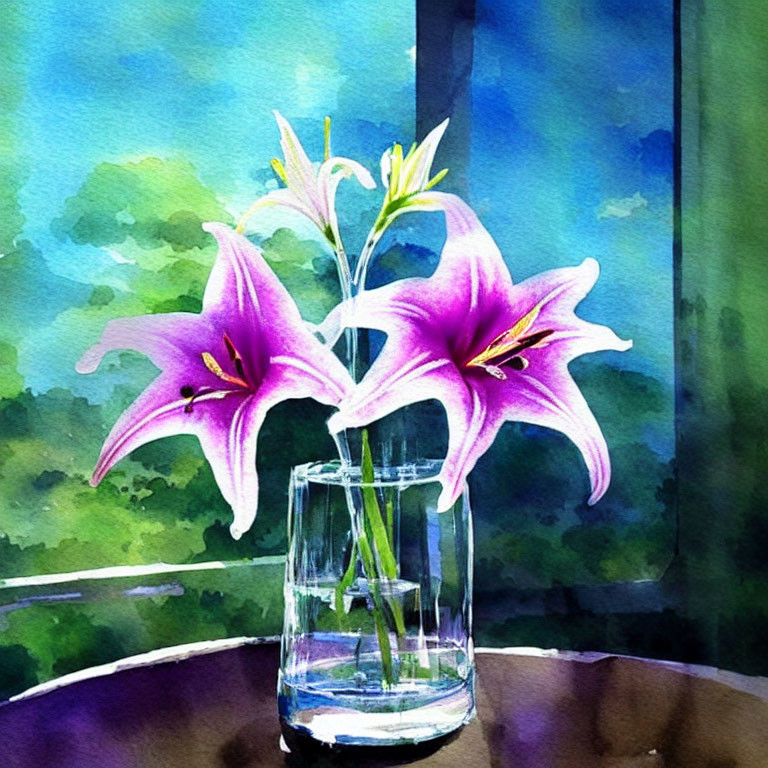 Vibrant pink lilies in a clear glass vase on a table with a green background