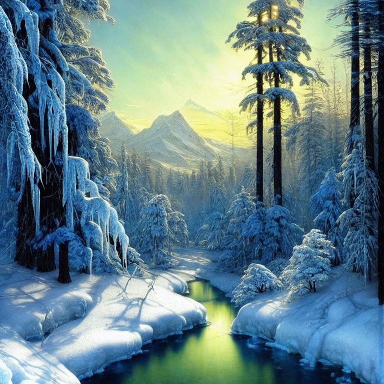 Snow-covered trees, stream, and mountains in serene winter landscape