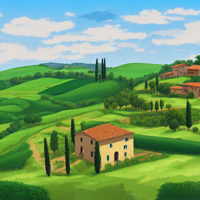 Colorful Tuscan landscape with green hills, cypress trees, and terracotta houses