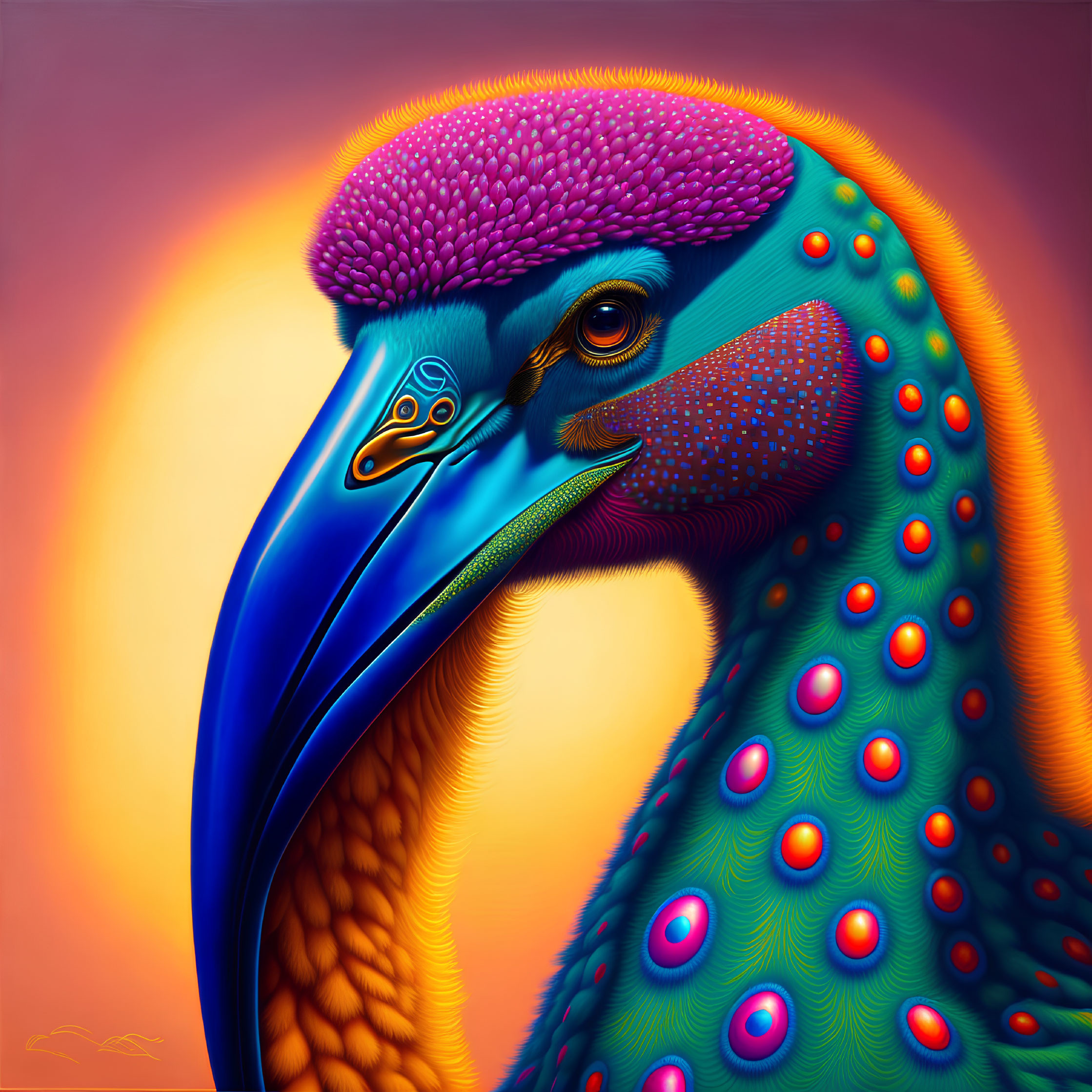 Colorful bird illustration with purple crest and blue beak on warm background