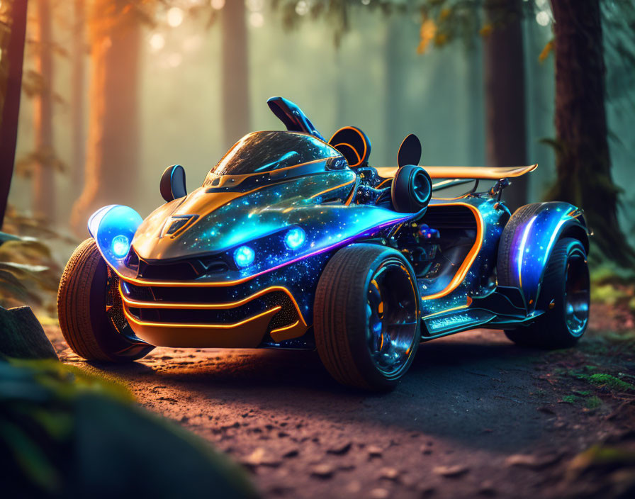 Futuristic car with neon lighting in misty forest at twilight