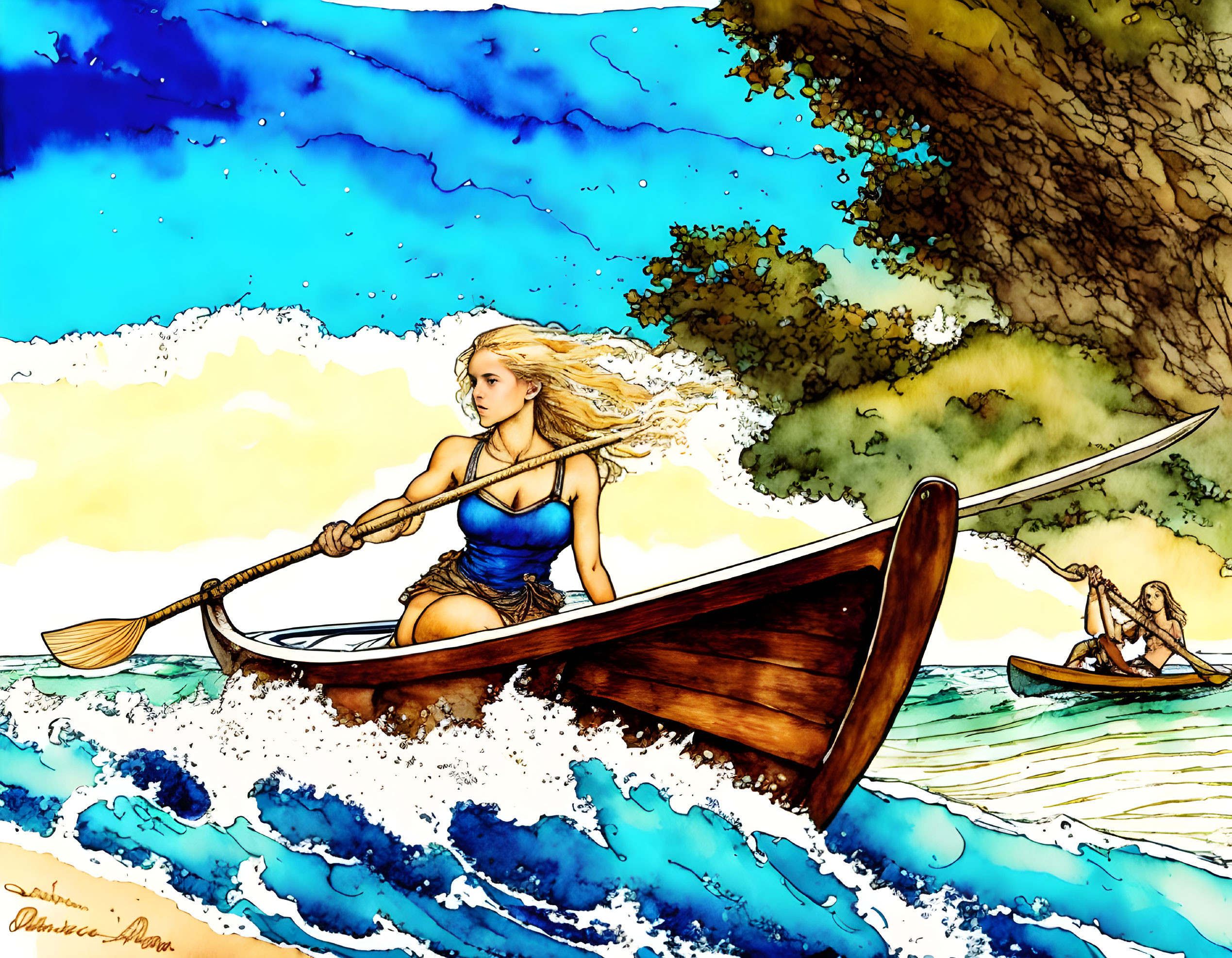 Blonde woman rowing wooden boat on wavy sea with blue sky