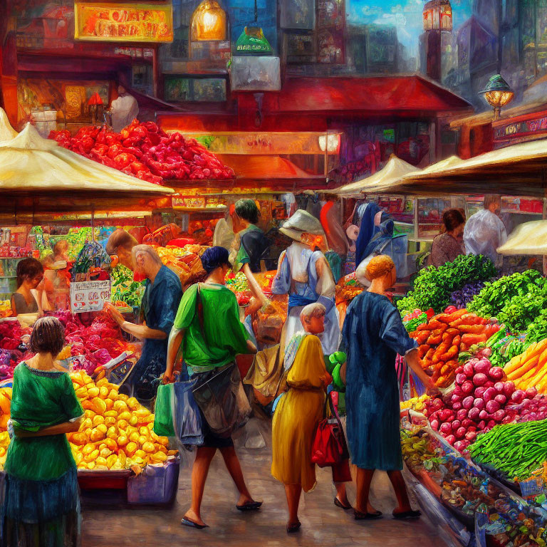 Bustling market scene with colorful fruits and vegetables under warm light