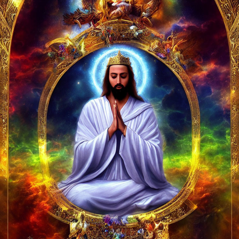 Vibrant religious artwork of serene figure in white robes surrounded by golden celestial elements