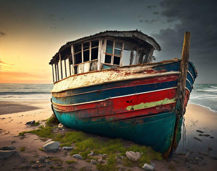 Weathered multicolored boat on beach at sunset with cloudy sky and gentle waves