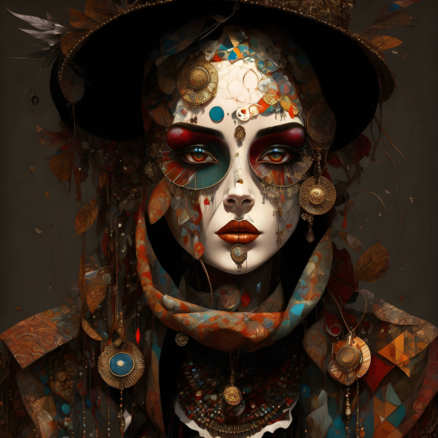 Stylized portrait featuring ornate makeup and accessories