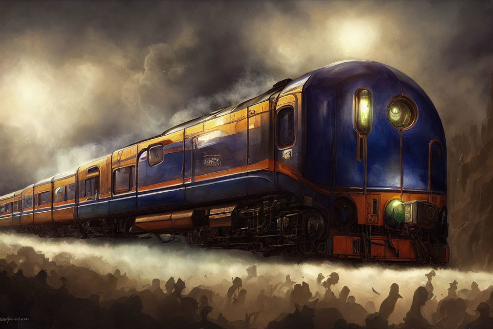 Vintage Blue Train with Golden Accents Arrives at Crowded, Smoggy Station