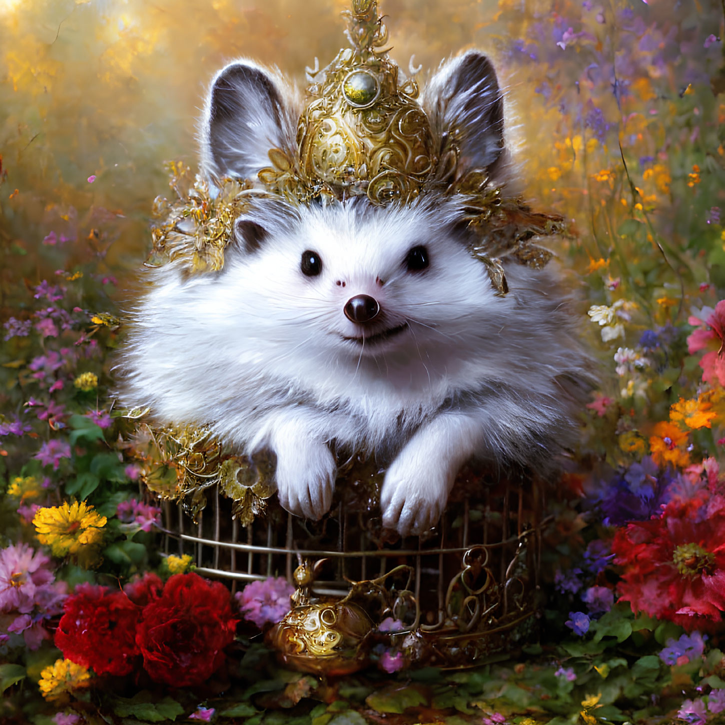 Fluffy white creature with fox-like face in golden crown emerges from cage among vibrant flowers