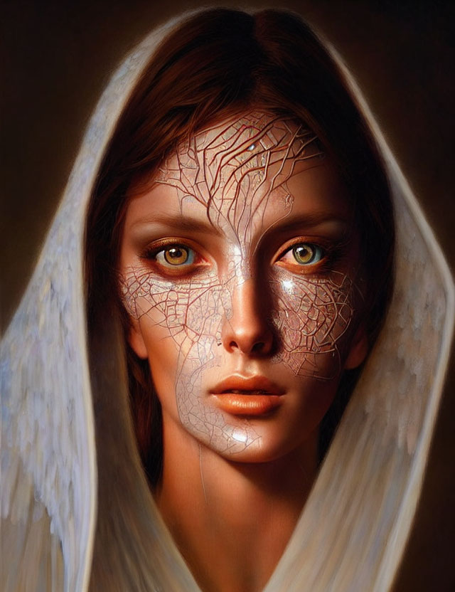 Woman with hood and intricate face patterns and luminous eyes