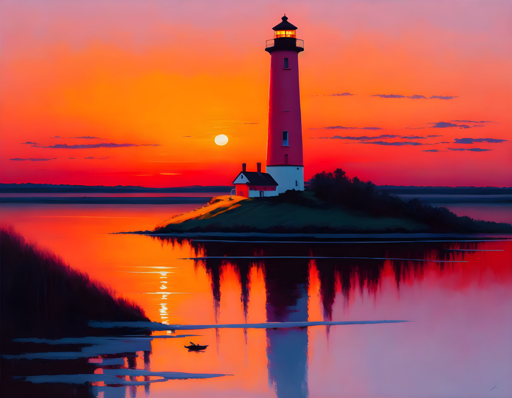 Vibrant sunset with orange and red hues behind tall lighthouse on small island