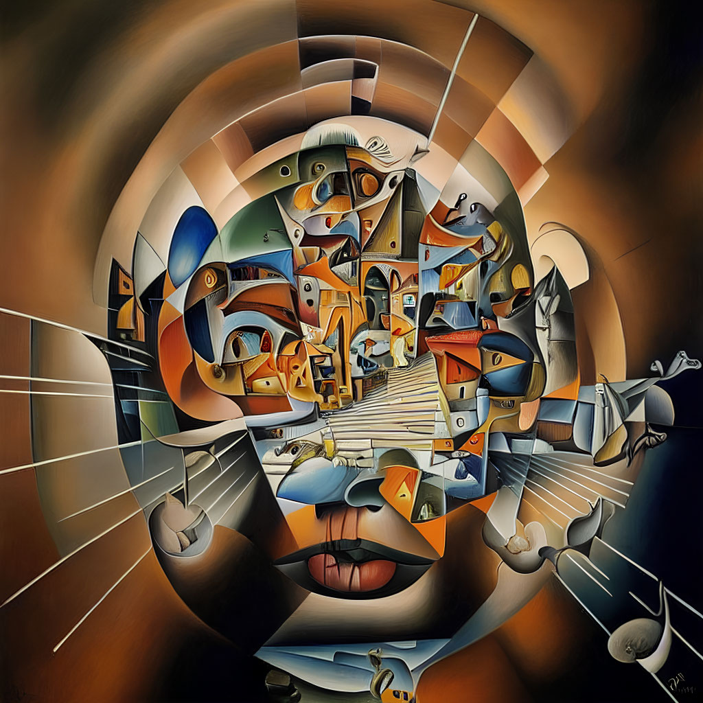 Colorful Cubist and Surrealist Abstract Face with Swirling Colors and Fragmented Shapes