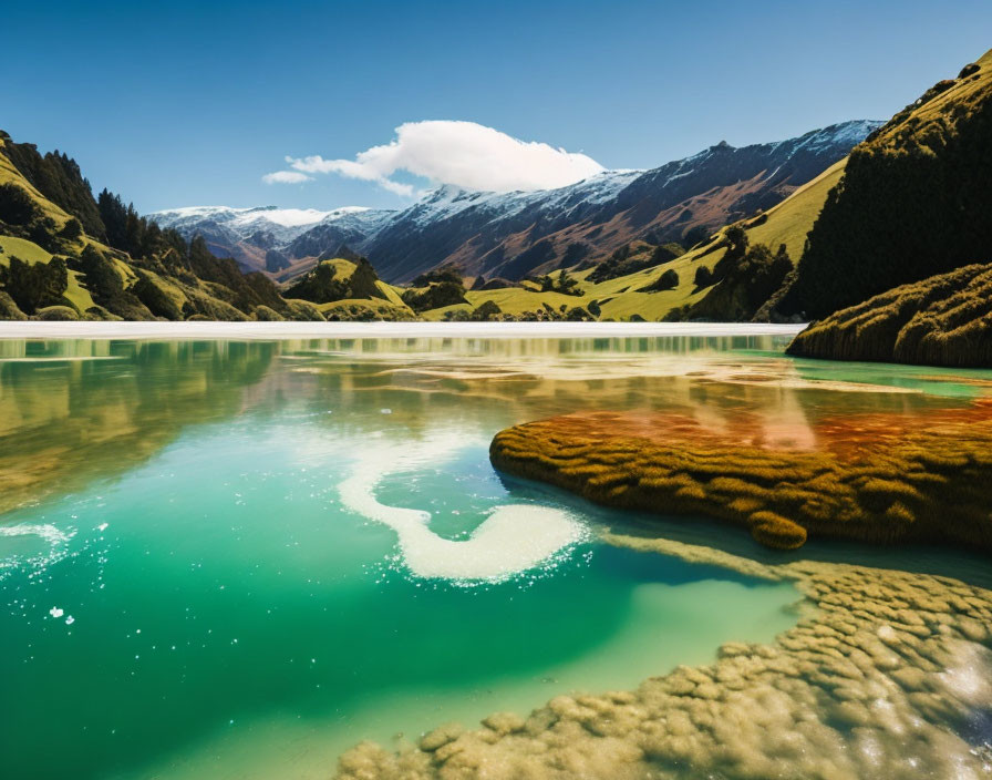 Tranquil turquoise lake with vibrant mineral formations and mountainous backdrop