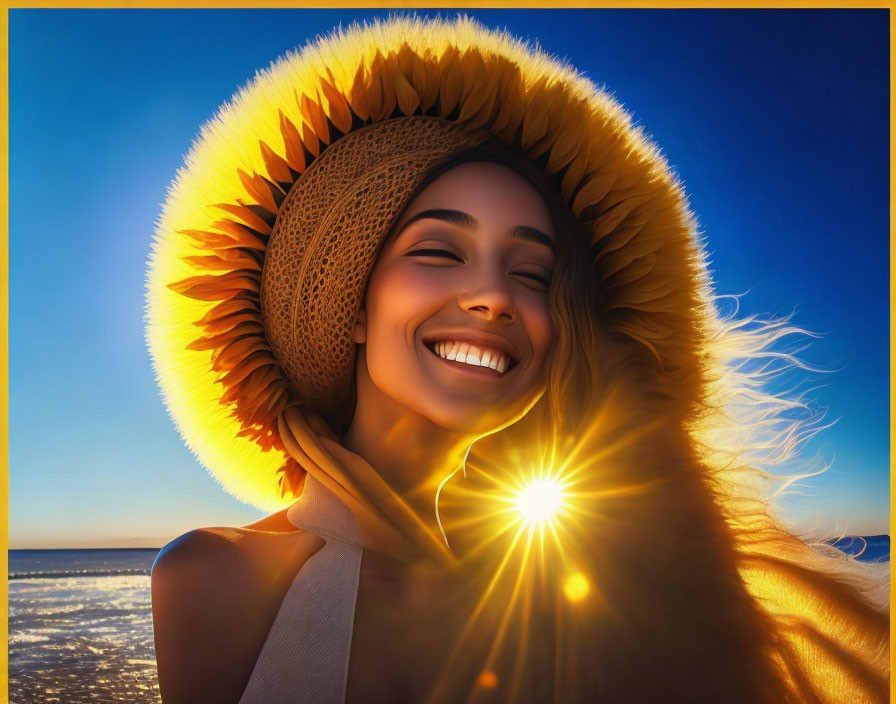 Smiling woman in sunflower hat under sunset with halo effect