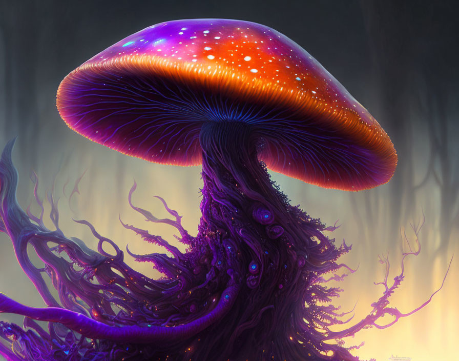 Colorful digital artwork of a fantastical mushroom on intricate tree-like stem