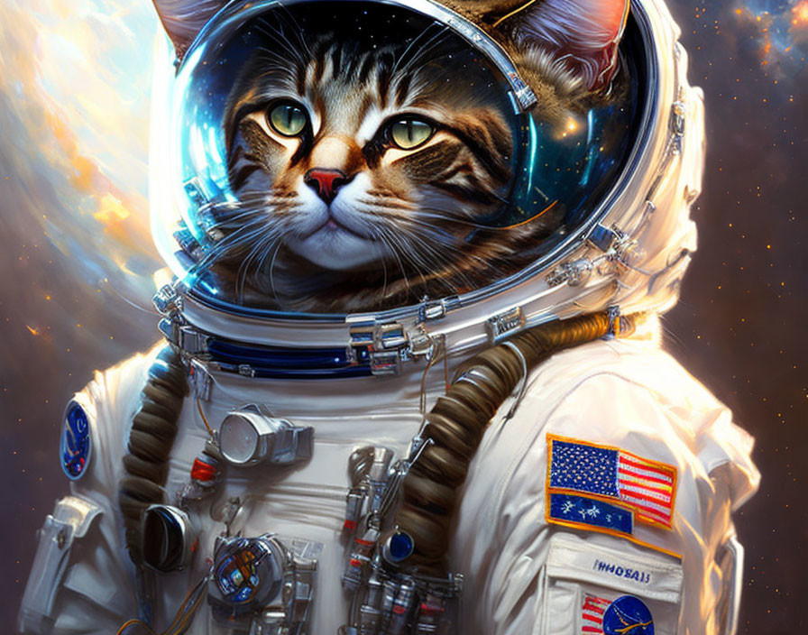 Serious cat in astronaut suit against cosmic backdrop