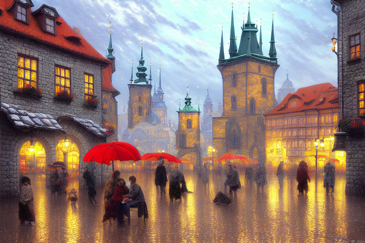 Rainy city square with umbrellas, historic buildings, and glowing lights on wet cobblestones