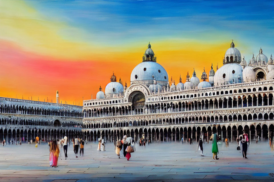 Vibrant sunset at Piazza San Marco with tourists and St. Mark's Basilica, Venice