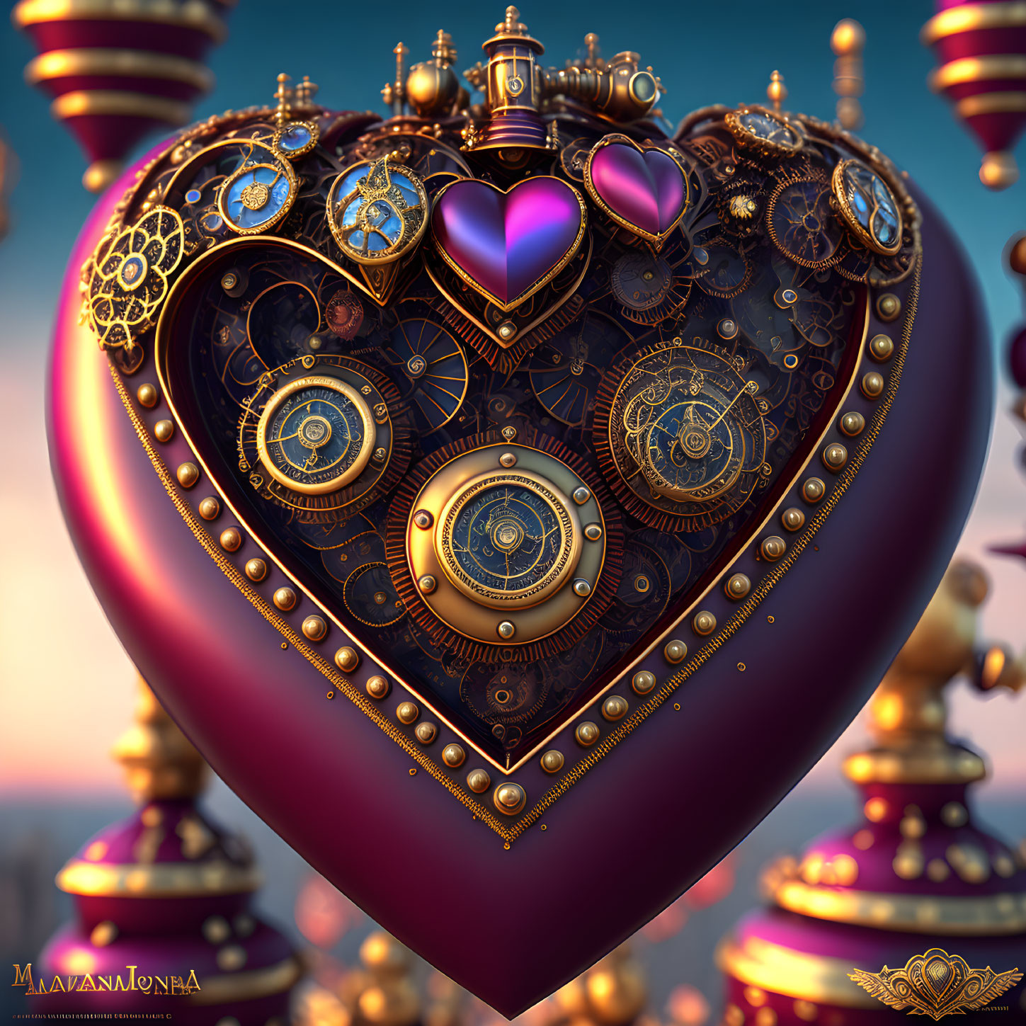 Ornate mechanical heart with gears and golden details on blurred backdrop