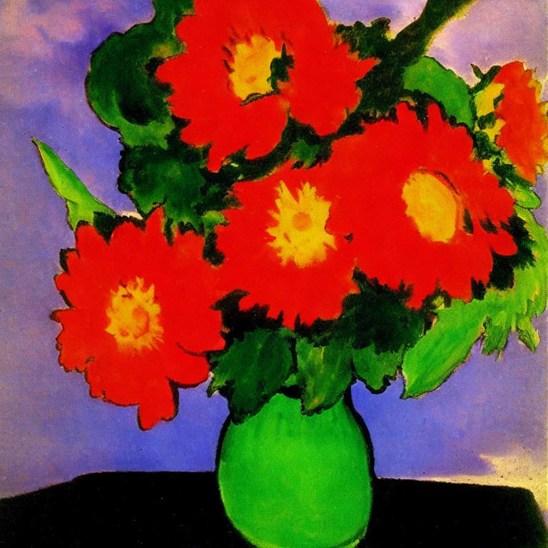 Colorful painting of red flowers in yellow-centered vase on blue backdrop