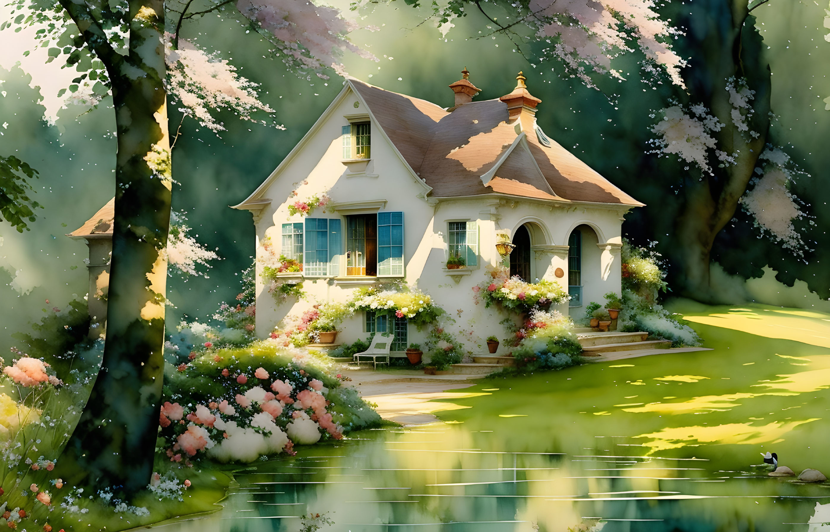 Tranquil cottage with lush greenery, blooming flowers, and serene pond