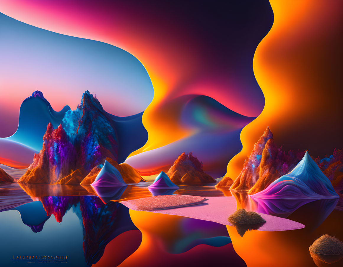 Vibrant blue and orange surreal landscape with undulating shapes and reflective surfaces