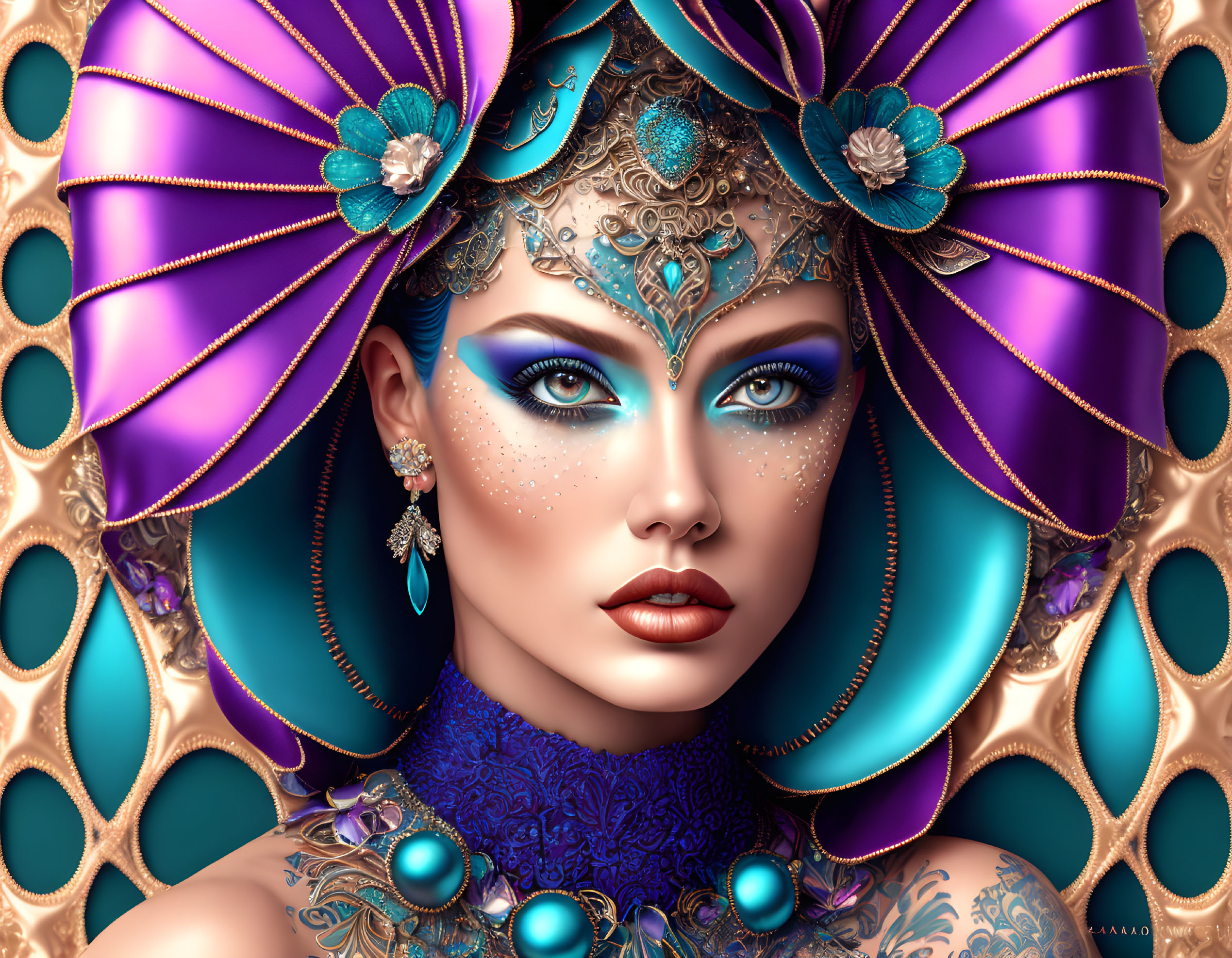 Ornate woman with blue eyes, pink headdress, jewels, and blue makeup on teal backdrop